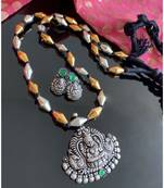 Divine Oxidised Silver Green Lakshmi Pendant Long Chain Set