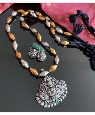 Divine Oxidised Silver Green Lakshmi Pendant Long Chain Set 2