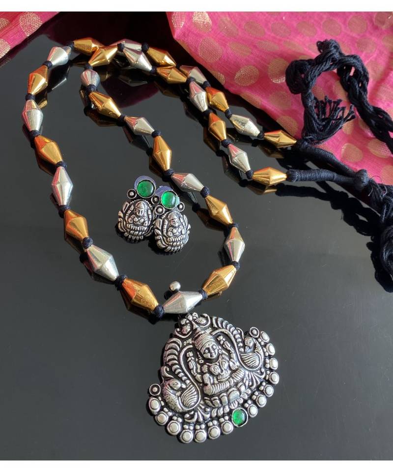 Divine Oxidised Silver Green Lakshmi Pendant Long Chain Set