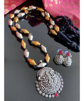 Divine Oxidised Silver Pink Ganesha Pendant Long Chain Set 1
