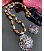 Divine Oxidised Silver Pink Ganesha Pendant Long Chain Set