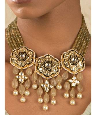 Floral Enamelled Green And Ocre Kundan Necklace 1