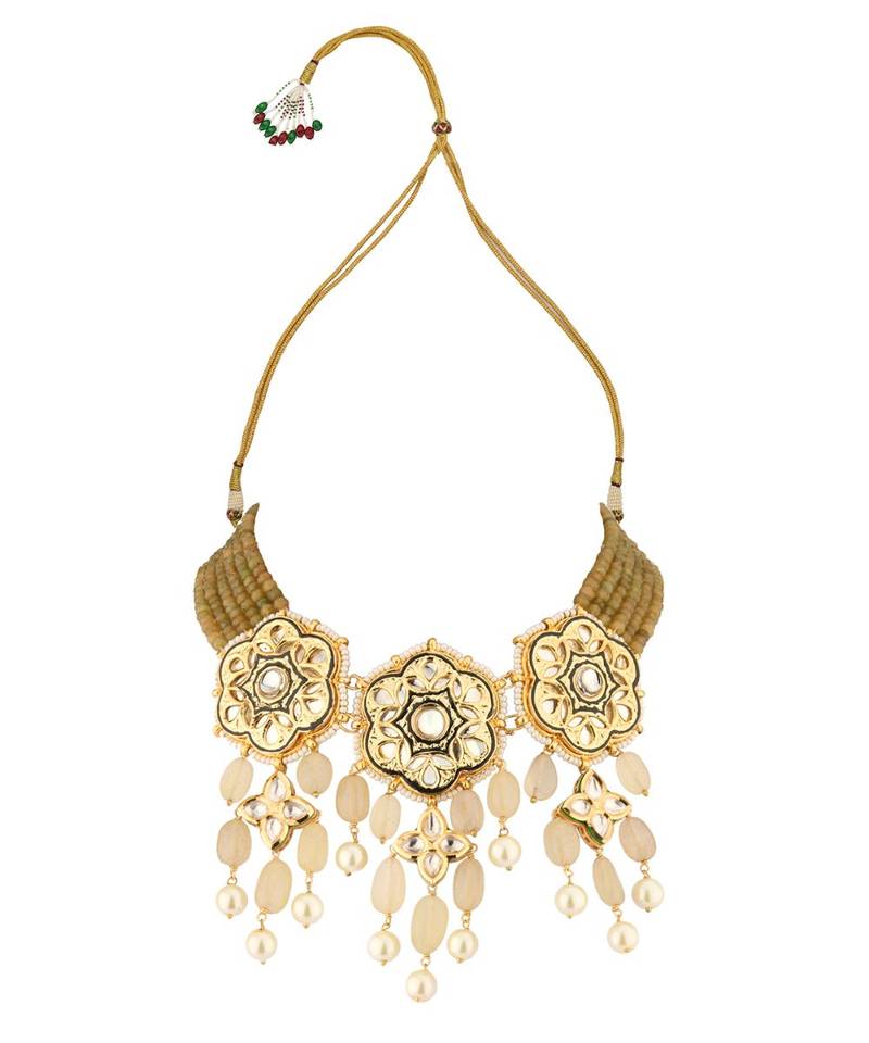 Floral Enamelled Green And Ocre Kundan Necklace