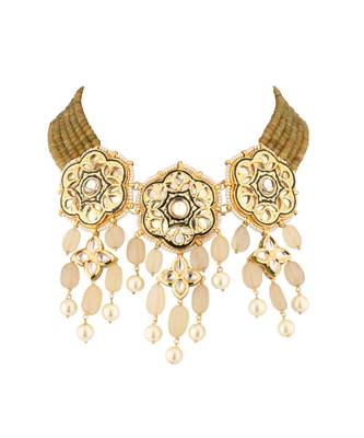 Floral Enamelled Green And Ocre Kundan Necklace 3