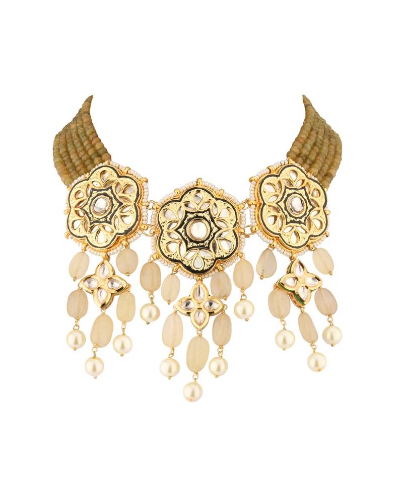 Floral Enamelled Green And Ocre Kundan Necklace