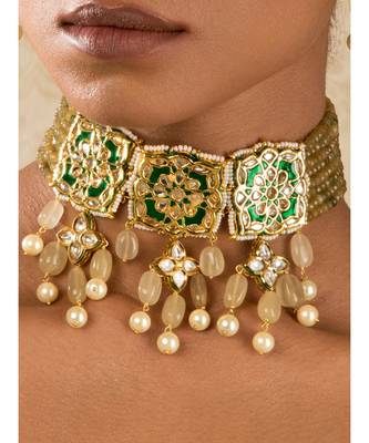 Brown Green Gold Tone Kundan Enameled Necklace With Agate And Quartz 1