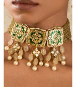 Brown Green Gold Tone Kundan Enameled Necklace With Agate And Quartz