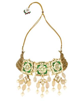 Brown Green Gold Tone Kundan Enameled Necklace With Agate And Quartz 2