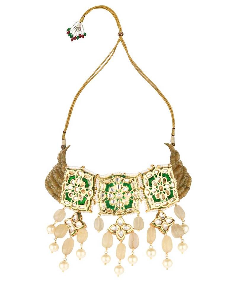 Brown Green Gold Tone Kundan Enameled Necklace With Agate And Quartz