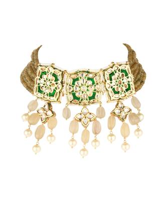 Brown Green Gold Tone Kundan Enameled Necklace With Agate And Quartz 3