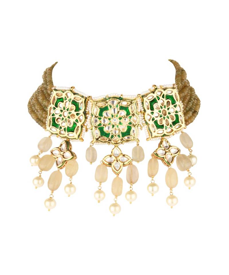 Brown Green Gold Tone Kundan Enameled Necklace With Agate And Quartz