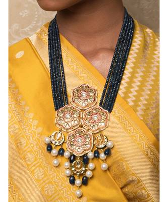 Blue Gold Tone Kundan Beaded Necklace With Agate Quartz And Pearls 1
