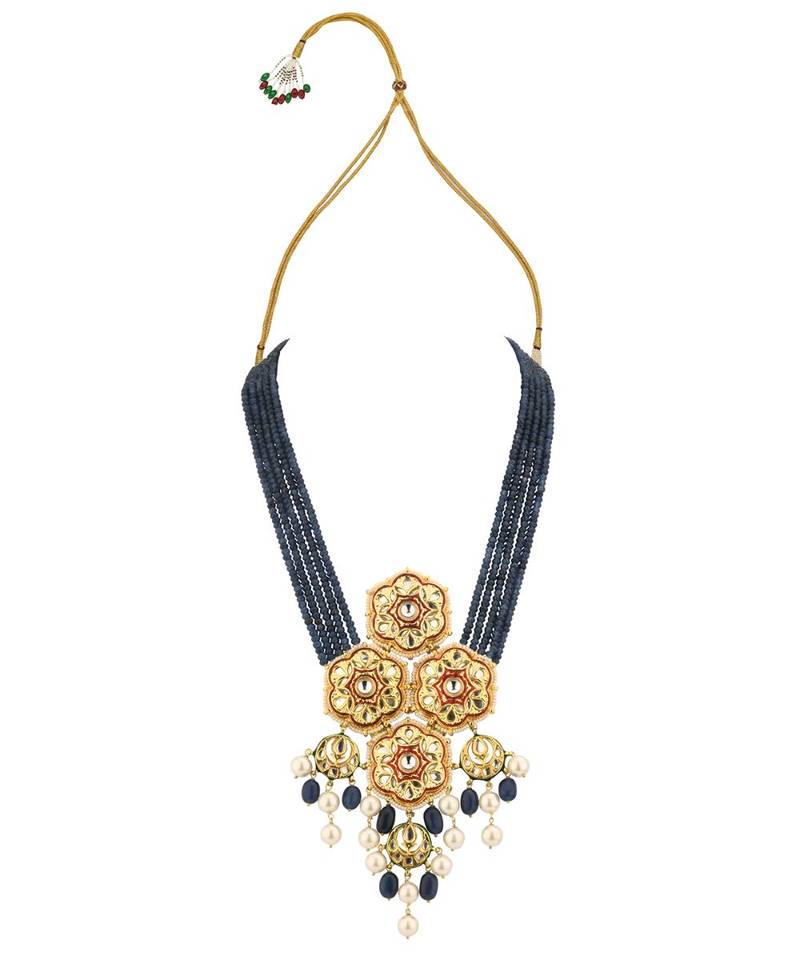 Blue Gold Tone Kundan Beaded Necklace With Agate Quartz And Pearls