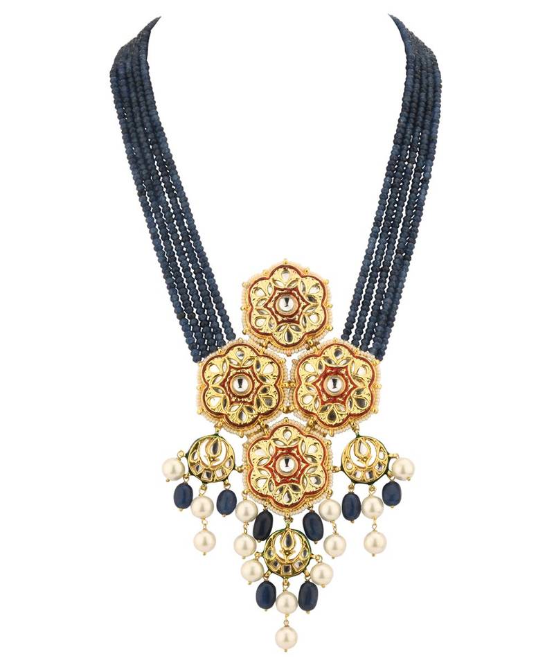Blue Gold Tone Kundan Beaded Necklace With Agate Quartz And Pearls