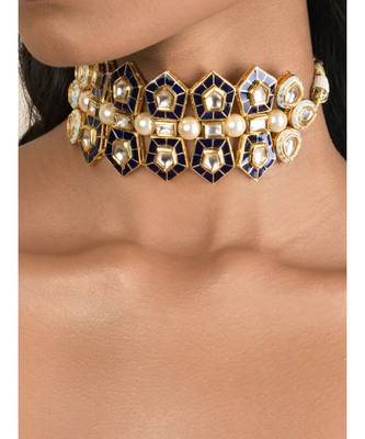 Blue Gold Tone Kundan Enameled Choker Necklace 1