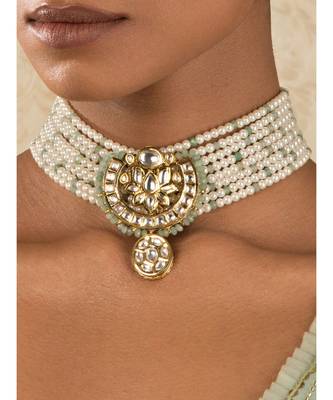 White Gold Tone Kundan Beaded Choker Necklace With Agate And Pearls 1