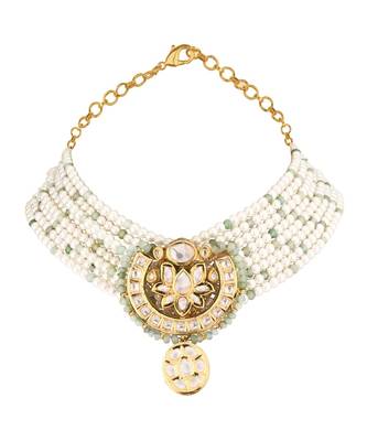 White Gold Tone Kundan Beaded Choker Necklace With Agate And Pearls 2