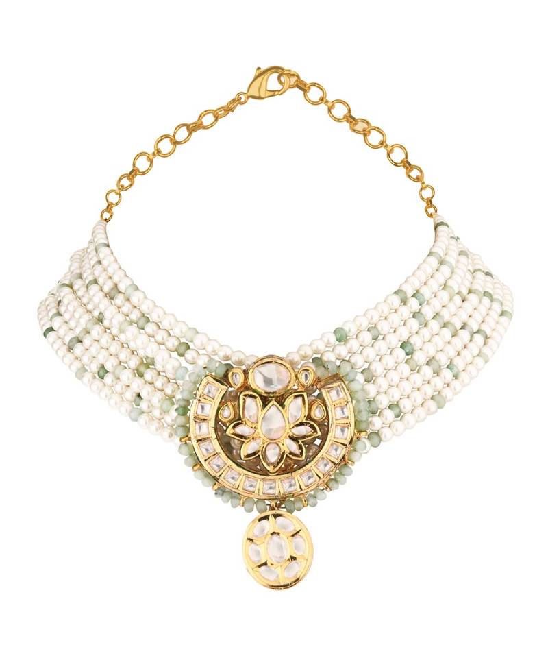 White Gold Tone Kundan Beaded Choker Necklace With Agate And Pearls