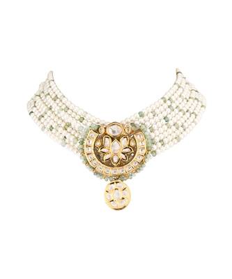 White Gold Tone Kundan Beaded Choker Necklace With Agate And Pearls 3