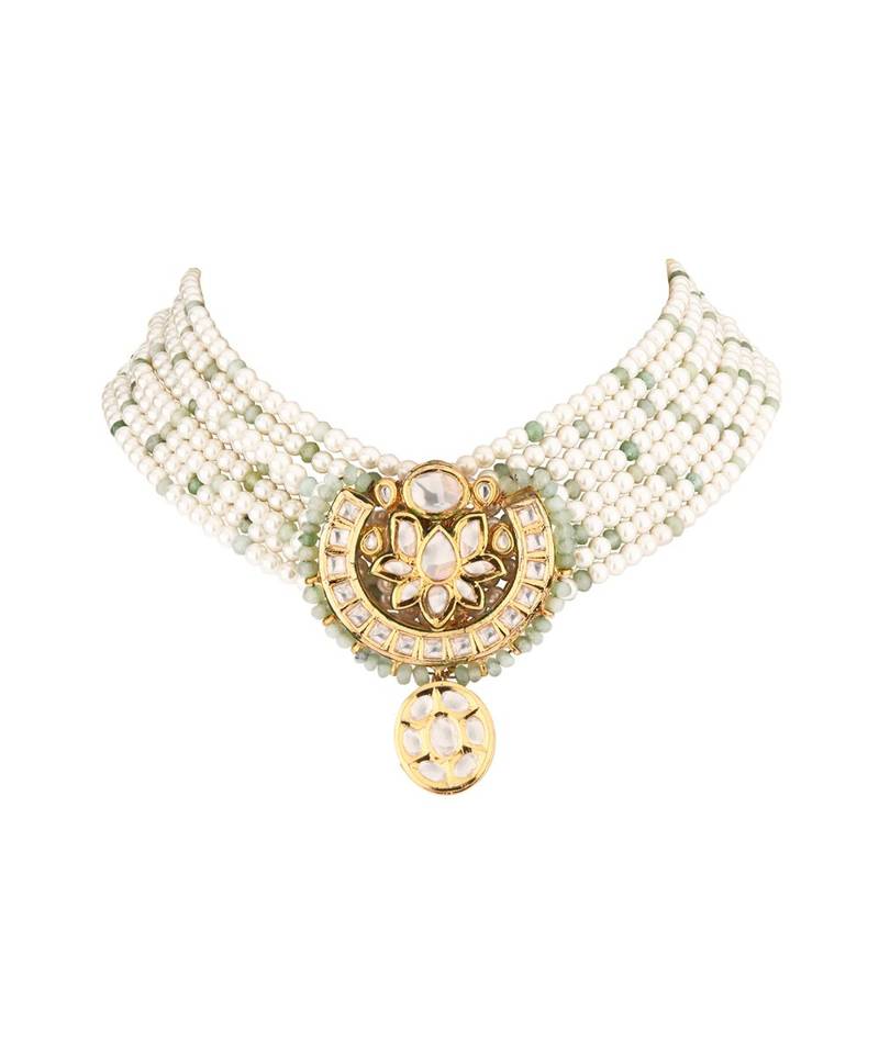 White Gold Tone Kundan Beaded Choker Necklace With Agate And Pearls