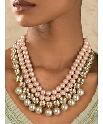 Pink White Gold Tone Kundan Necklace With Pearls 1