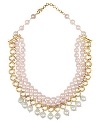 Pink White Gold Tone Kundan Necklace With Pearls 2