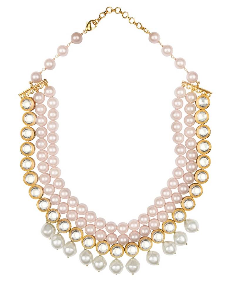 Pink White Gold Tone Kundan Necklace With Pearls