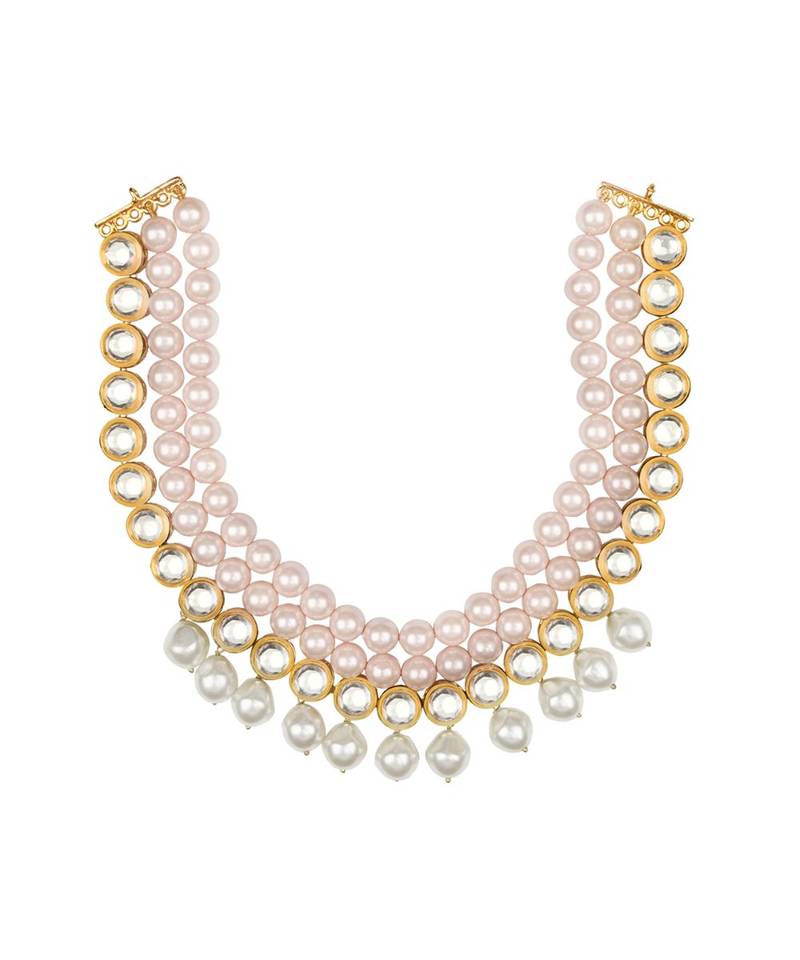 Pink White Gold Tone Kundan Necklace With Pearls