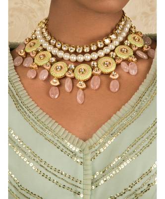 Linear Love Enamelled Green And Pink Kundan Necklace 1