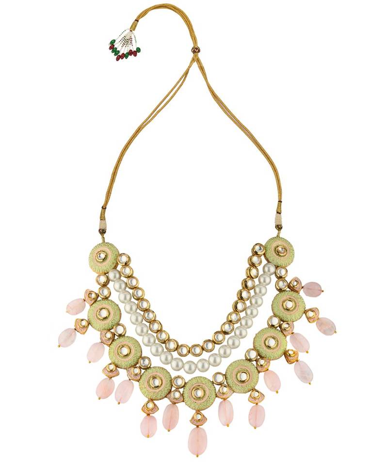 Linear Love Enamelled Green And Pink Kundan Necklace