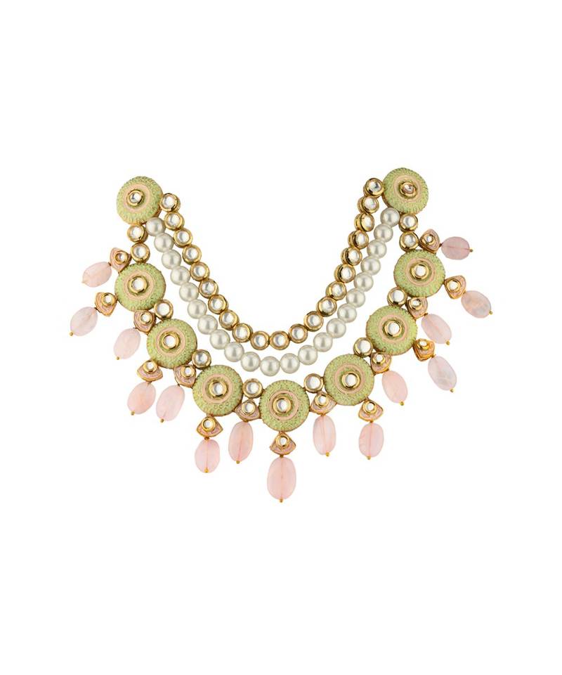 Linear Love Enamelled Green And Pink Kundan Necklace