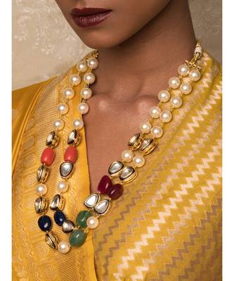 Multicolored Gold Tone Kundan Beaded Necklace With Pearls And Jade 1