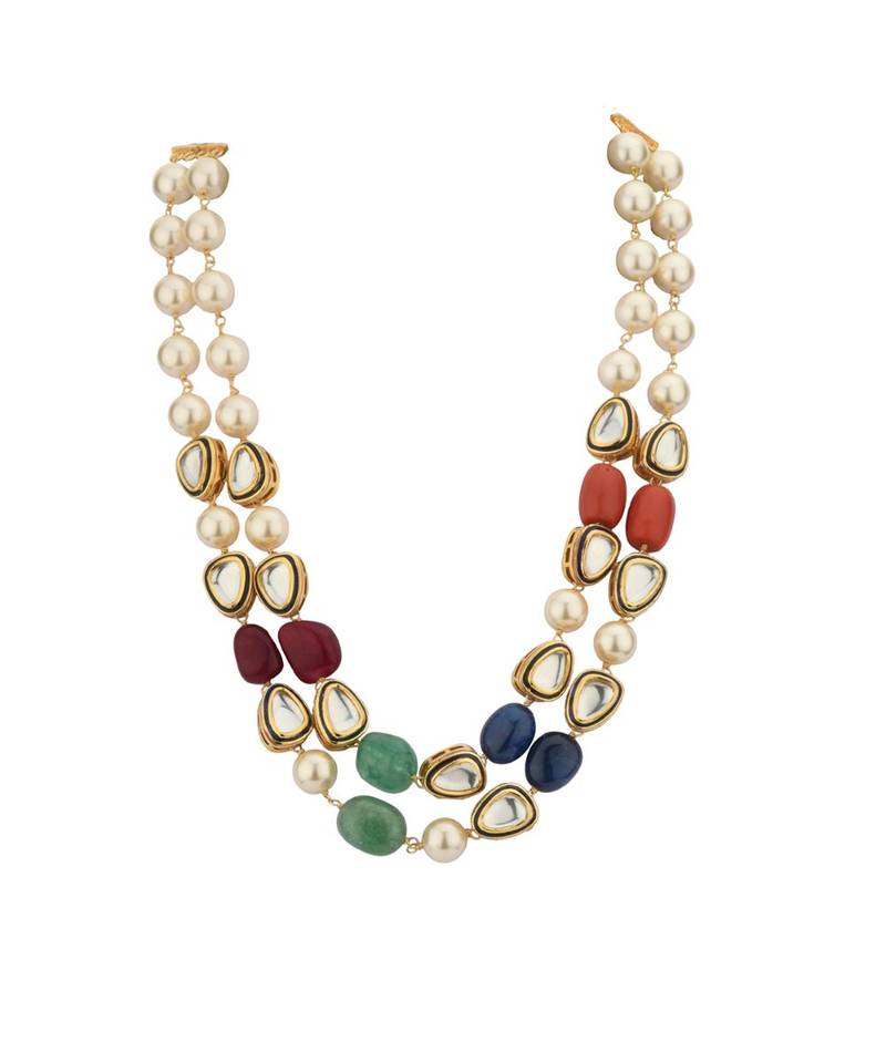 Multicolored Gold Tone Kundan Beaded Necklace With Pearls And Jade