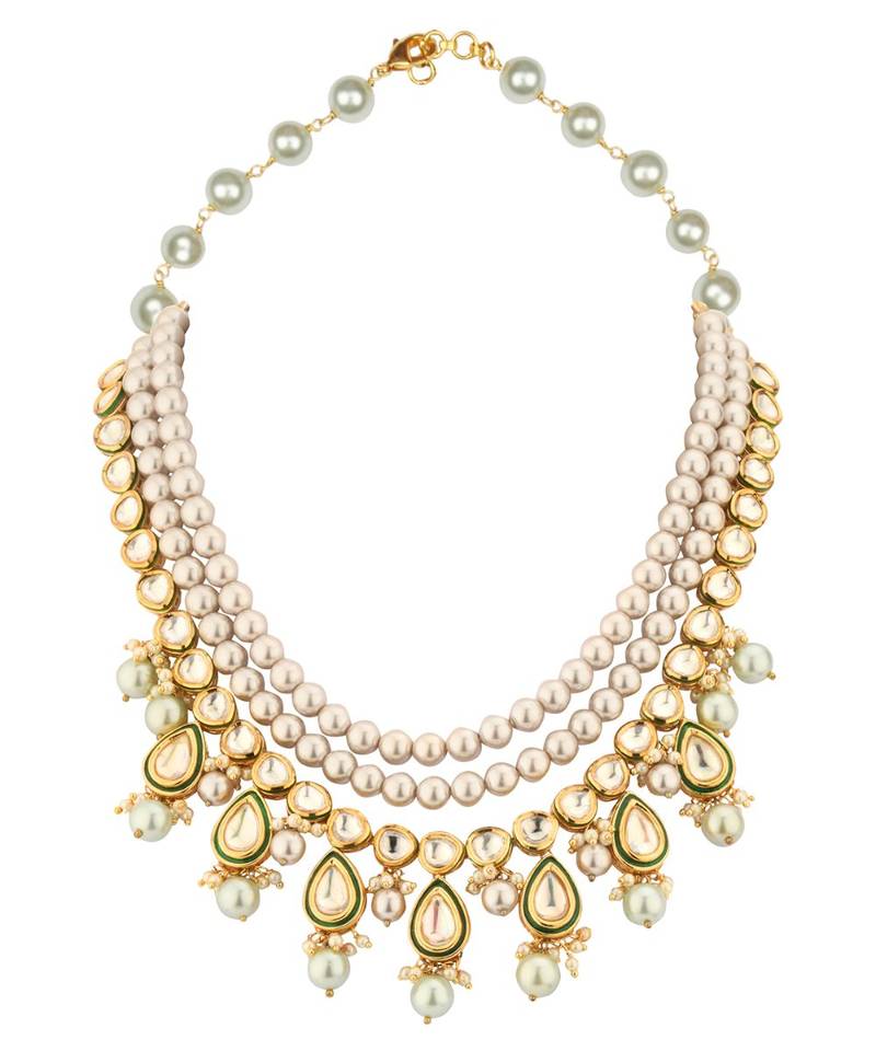 Intricate Spectacle Cream And Green Kundan  Pearls Necklace Set.