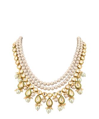 Intricate Spectacle Cream And Green Kundan  Pearls Necklace Set. 3