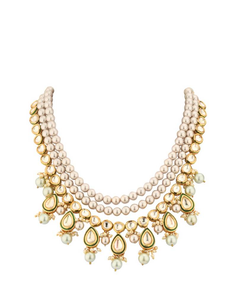 Intricate Spectacle Cream And Green Kundan  Pearls Necklace Set.