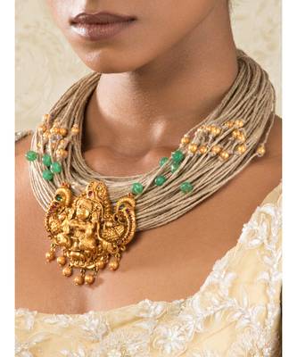 Green Gold Tone Temple Necklace 1