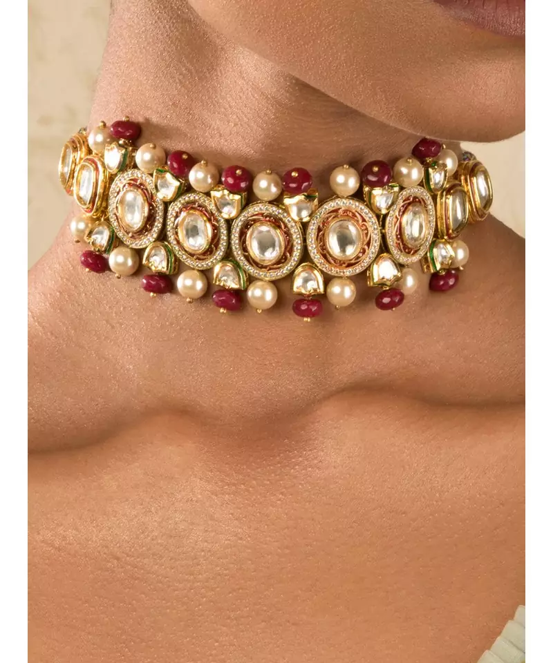 Pearly Paradise Red Kundan And Pearls Necklace