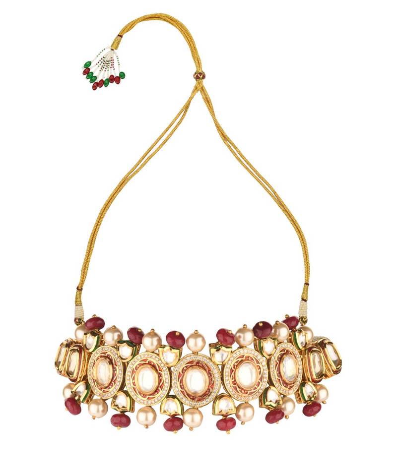 Red Gold Tone Kundan Choker Necklace With Pearls