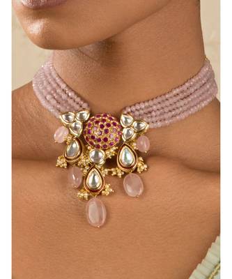 Radiante Red And Pink Kundan  Hydro Ruby Stones  Agate Beads  Rose Quartz And Pearls Necklace 1