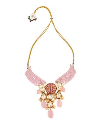 Radiante Red And Pink Kundan  Hydro Ruby Stones  Agate Beads  Rose Quartz And Pearls Necklace 2