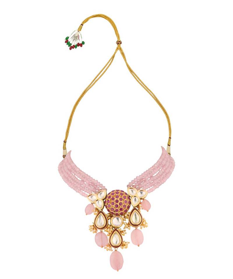 Radiante Red And Pink Kundan  Hydro Ruby Stones  Agate Beads  Rose Quartz And Pearls Necklace