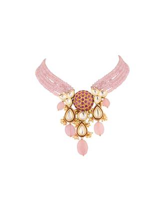 Radiante Red And Pink Kundan  Hydro Ruby Stones  Agate Beads  Rose Quartz And Pearls Necklace 3
