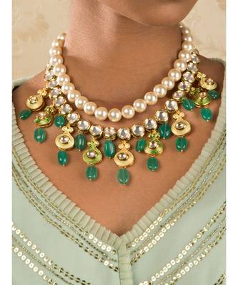 Ethnic Peak Green Enamelled Kundan  Jade Drops And Pearls Necklace 1
