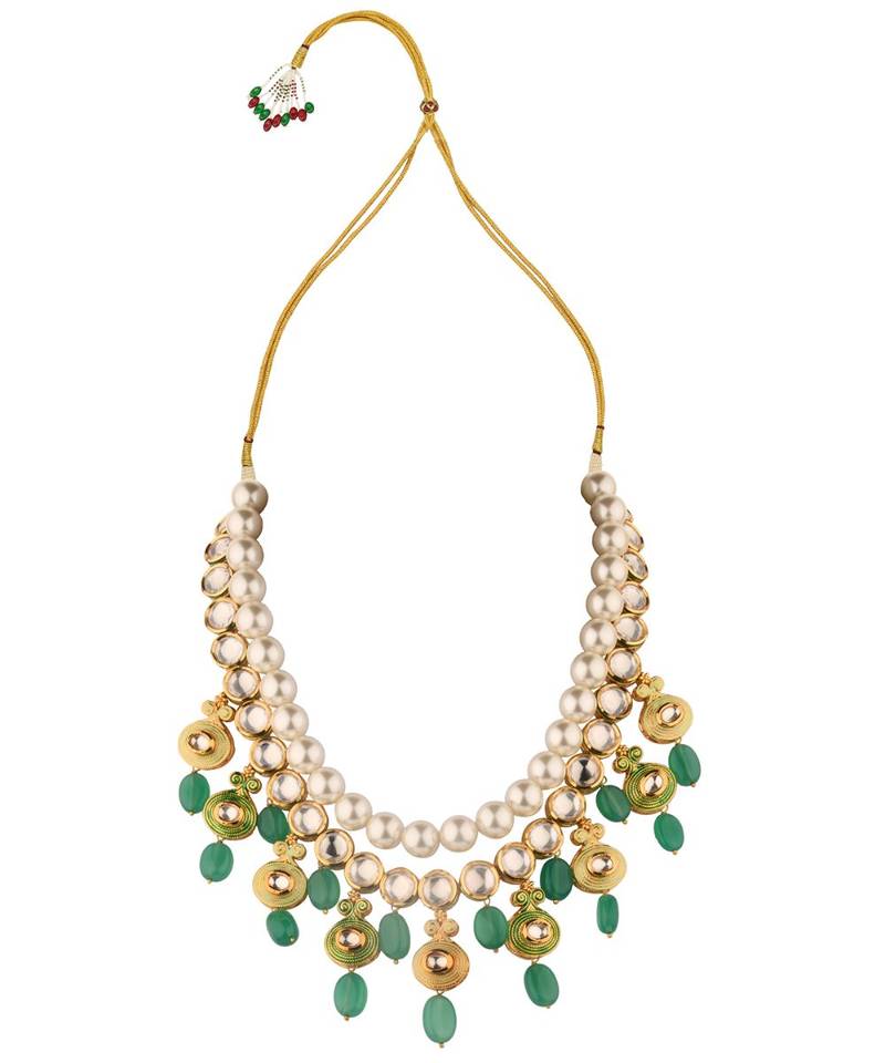 Ethnic Peak Green Enamelled Kundan  Jade Drops And Pearls Necklace