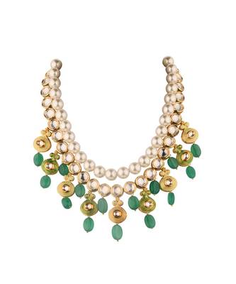 Ethnic Peak Green Enamelled Kundan  Jade Drops And Pearls Necklace 3