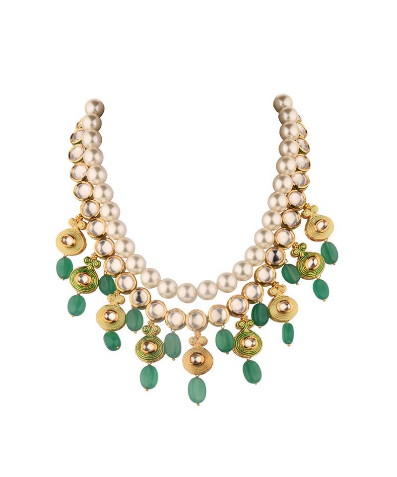 Ethnic Peak Green Enamelled Kundan  Jade Drops And Pearls Necklace