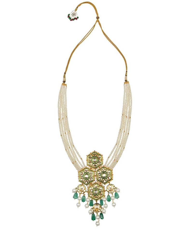 Jazzy Enamelled Green Kundan  Jade And Pearls Necklace