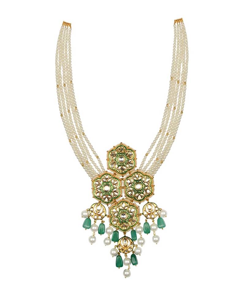 Jazzy Enamelled Green Kundan  Jade And Pearls Necklace