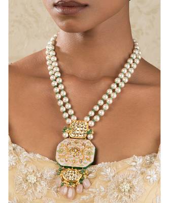 Ethnic Bling Enamelled White And Gold Kundan  Jade Drops  Pearls Necklace 1